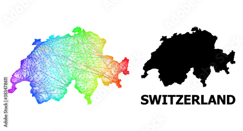 Network and solid map of Switzerland. Vector model is created from map of Switzerland with intersected random lines, and has rainbow gradient. Abstract lines form map of Switzerland.