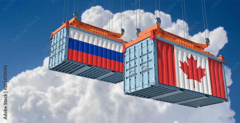 Freight containers with Russia and Canada national flags. 3D Rendering