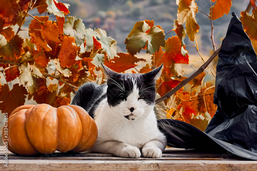 Arrogant funny cat with halloween hat and pumpkin on autumn nature background for celebtation design.Happy halloween. photo