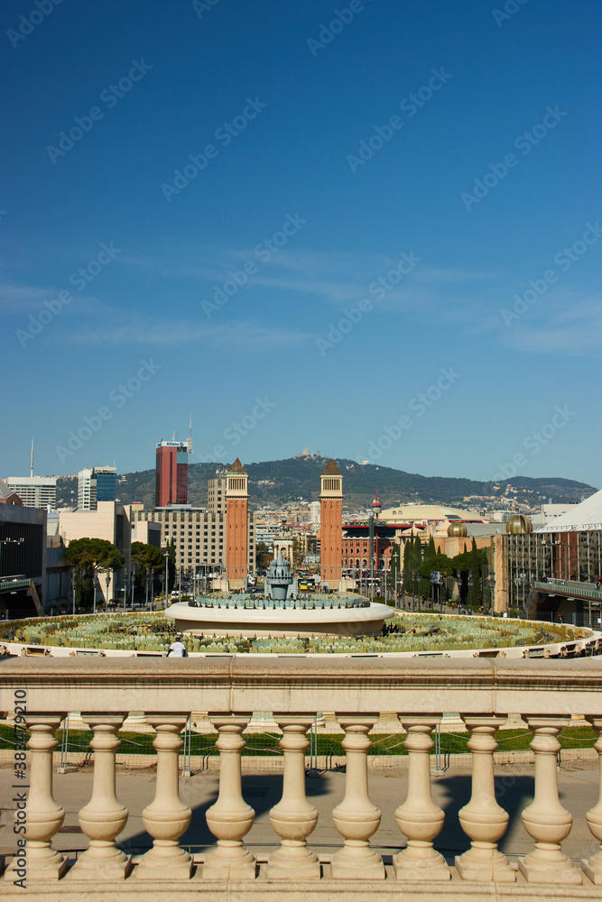 Looking towards Plaza Espanya from Montjuic in Barcelona, Spain