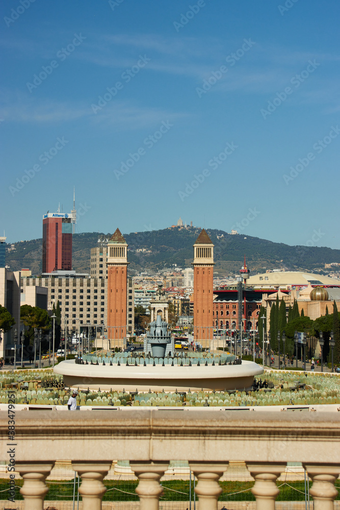 Looking towards Plaza Espanya from Montjuic in Barcelona, Spain
