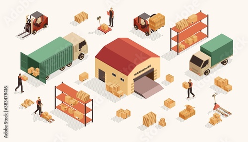 Isometric warehouse vector illustration set. 3d people working in warehouse, worker character loading boxes on trucks. Warehousing logistic service, processes of distribution and delivery technology