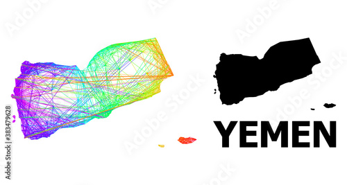 Net and solid map of Yemen. Vector model is created from map of Yemen with intersected random lines, and has spectrum gradient. Abstract lines are combined into map of Yemen.