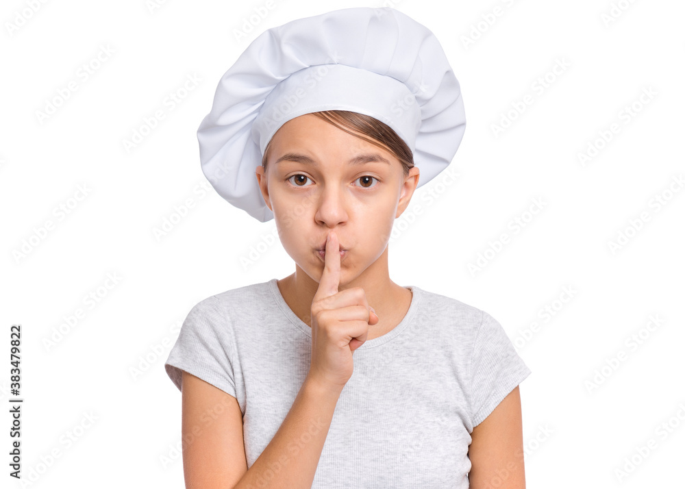 Teen girl in chef hat with emotions showing signs with hands, isolated on a white background. Teen girl in chef hat with emotions showing signs with hands, isolated on a white background.