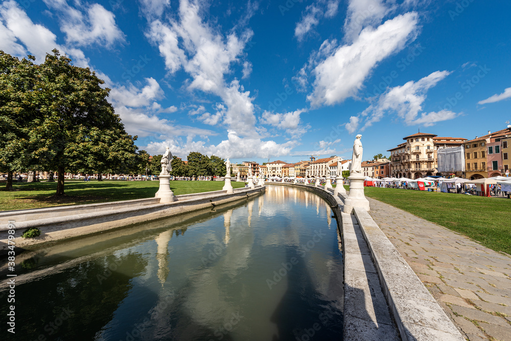 Prato della Valle, famous town square in Padua downtown, one of the largest in Europe. Veneto, Italy. It is an oval square with 78 statues, 4 bridges and an island.