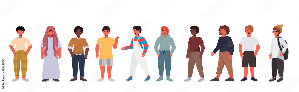 set cute boys girls in casual trendy clothes mix race male female cartoon characters standing pose full length isolated horizontal vector illustration