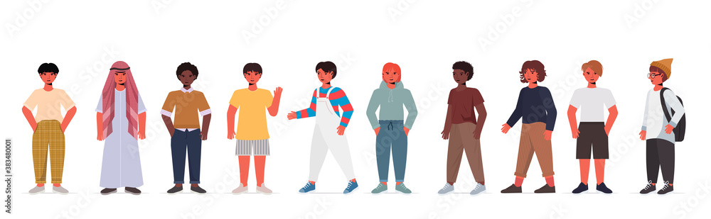set cute boys girls in casual trendy clothes mix race male female cartoon characters standing pose full length isolated horizontal vector illustration set cute boys girls in casual trendy clothes mix race male female cartoon characters standing pose full length isolated horizontal vector illustration