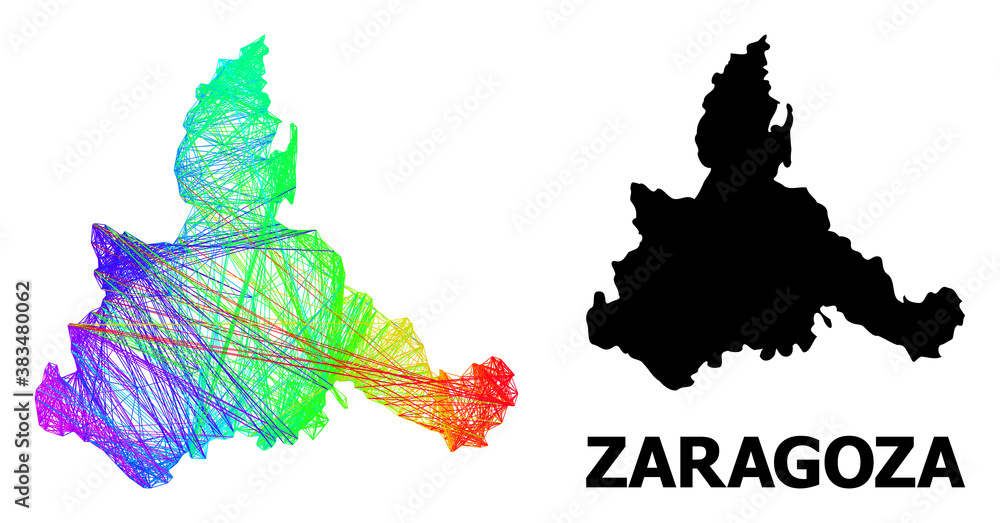 Net and solid map of Zaragoza Province. Vector structure is created from map of Zaragoza Province with intersected random lines, and has rainbow gradient. Abstract lines form map of Zaragoza Province.