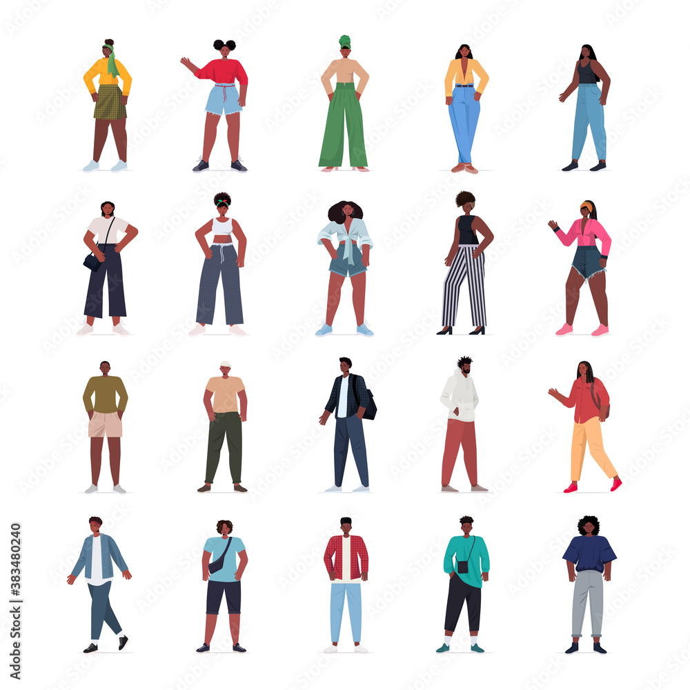 set young women men in casual trendy clothes african american male female cartoon characters collection full length vector illustration