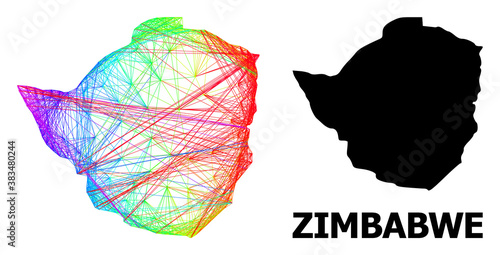 Network and solid map of Zimbabwe. Vector structure is created from map of Zimbabwe with intersected random lines, and has bright spectral gradient. Abstract lines are combined into map of Zimbabwe.