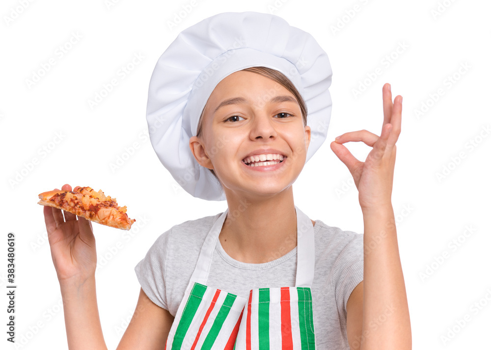 Girl cook in apron holds plate with fresh pizza, isolated on white background. Girl cook in apron holds plate with fresh pizza, isolated on white background.