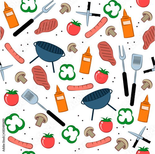 Grill and bbq pattern of elements associated with roast meat - sauce,vegetables,barbecue maker,knives,kitchen spatula,dispensing fork,sausages,meat,shish.Background for placemats,napkins,etc.
