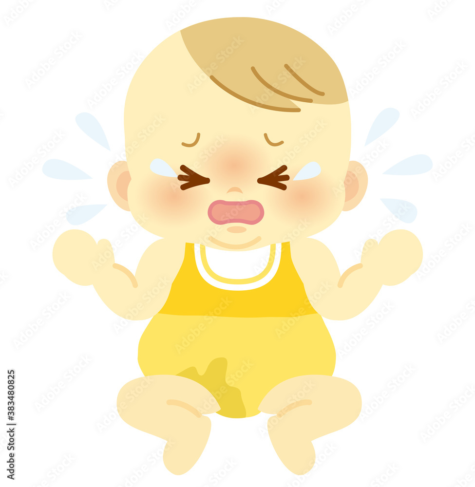 ベビー服のおしっこ染みが不快感のある泣き顔の赤ちゃん＿ベビー全身イラスト69