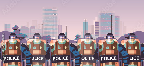 policemen with shields and batons riot police officers standing together protesters demonstrations control concept cityscape portrait horizontal vector illustration