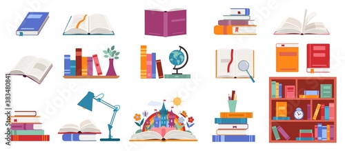 Books vector illustration set. Cartoon pile stack of textbooks on bookshelf, open and closed books, adventure story fairy tales literature to read at home or in library, bookstore isolated on white