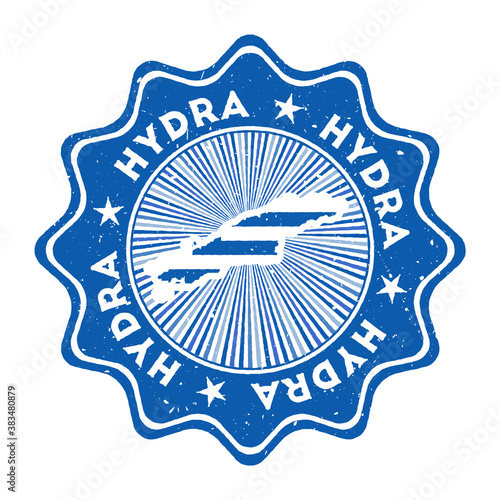 Hydra round grunge stamp with island map and country flag. Vintage badge with circular text and stars, vector illustration.