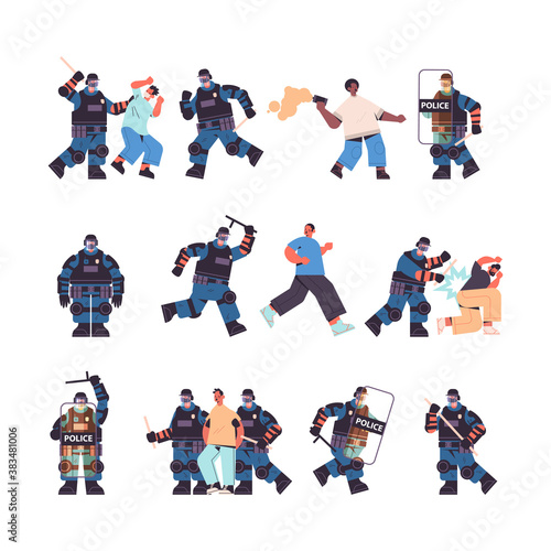 set policemen in full tactical gear riot police officers attacking street protesters during clashes demonstration control riots mass concept full length vector illustration