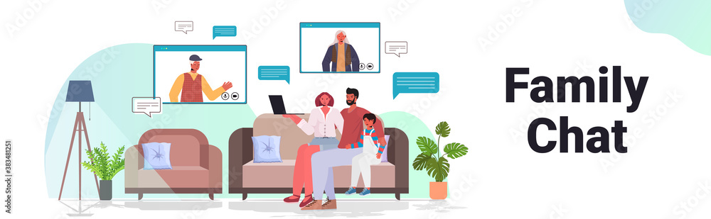 parents and child having virtual meeting with grandparents in web browser windows video call family chat communication concept living room interior horizontal vector illustration