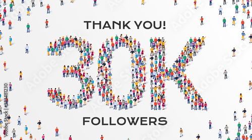 3K Followers. Group of business people are gathered together in the shape of 30000 word, for web page, banner, presentation, social media, Crowd of little people. Teamwork. Vector illustration