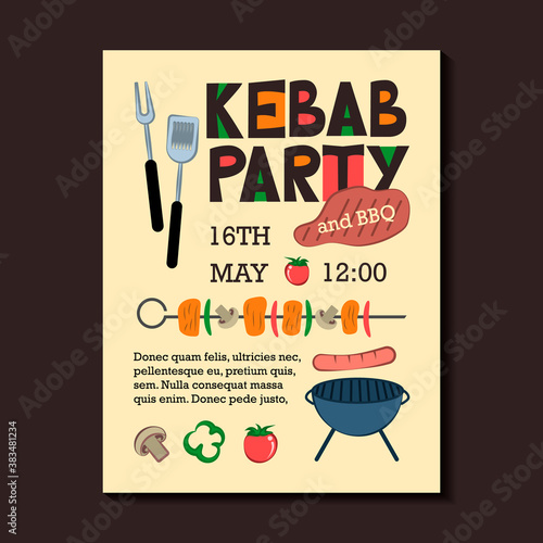 Kebab and bbq party invitation sample on dark background featuring barbecue and grill elements - tomato,bell pepper, champignon,sausage,barbecue maker, kitchen spatula, shish kebab,dispensing fork.