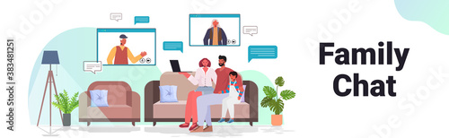 parents and child having virtual meeting with grandparents in web browser windows video call family chat communication concept living room interior horizontal vector illustration