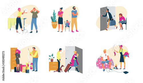 People in family conflict vector illustrations. Cartoon flat angry couple characters quarreling conflicting, wife shouting at husband. Quarrel and criticize, domestic abuse problem isolated on white