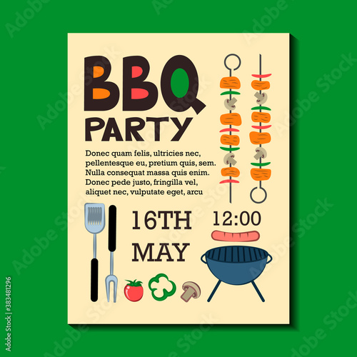 Barbecue party invitation sample on green background featuring barbecue and grill elements - tomato,bell pepper, champignon,sausage,barbecue maker, kitchen spatula, shish kebab,dispensing fork 