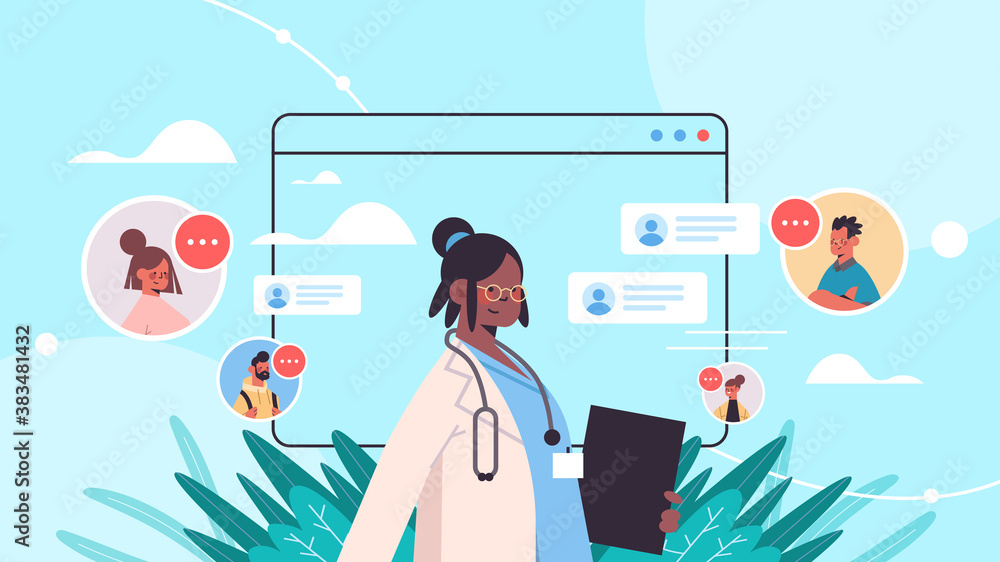 Obraz premium african american doctor in web browser window consulting patients online medical consultation healthcare medicine concept horizontal portrait vector illustration