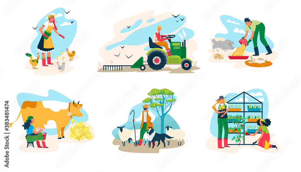 People farming vector illustration set. Cartoon flat farmer characters working in farmland rural field or gardening, feeding farm domestic animals, milking cow. Agricultural work isolated on white