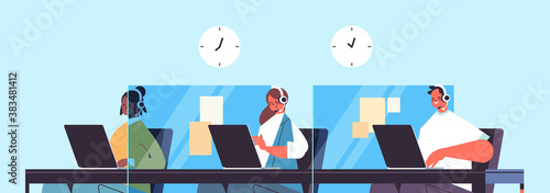 operators with headset chatting with clients call center agents working in office customer support service concept horizontal portrait vector illustration