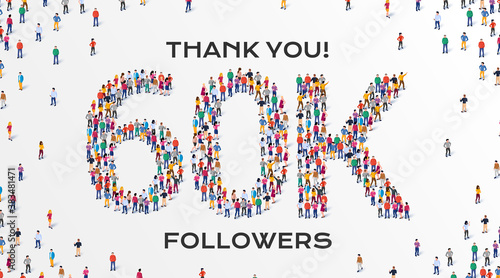 60K Followers. Group of business people are gathered together in the shape of 60000 word, for web page, banner, presentation, social media, Crowd of little people. Teamwork. Vector illustration