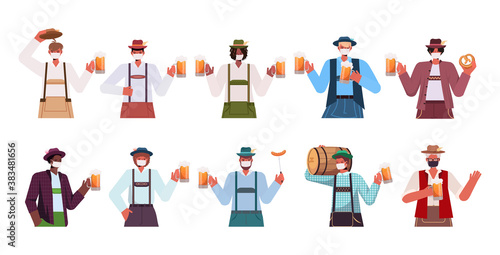 set mix race men in medical masks holding beer mugs Oktoberfest party celebration coronavirus quarantine concept guys in german traditional clothes portraits collection horizontal vector illustration