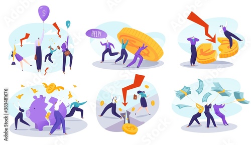 People in finance crisis vector illustrations. Cartoon flat businessman character try to stop falling graph, broken money piggy bank, economic and business financial crisis problem isolated on white