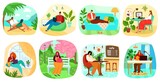 Freelance vector illustration set. Cartoon flat freelancer people working with laptop at home office workplace, modern cafe interior, summer park or tropical beach, calm remote job isolated on white