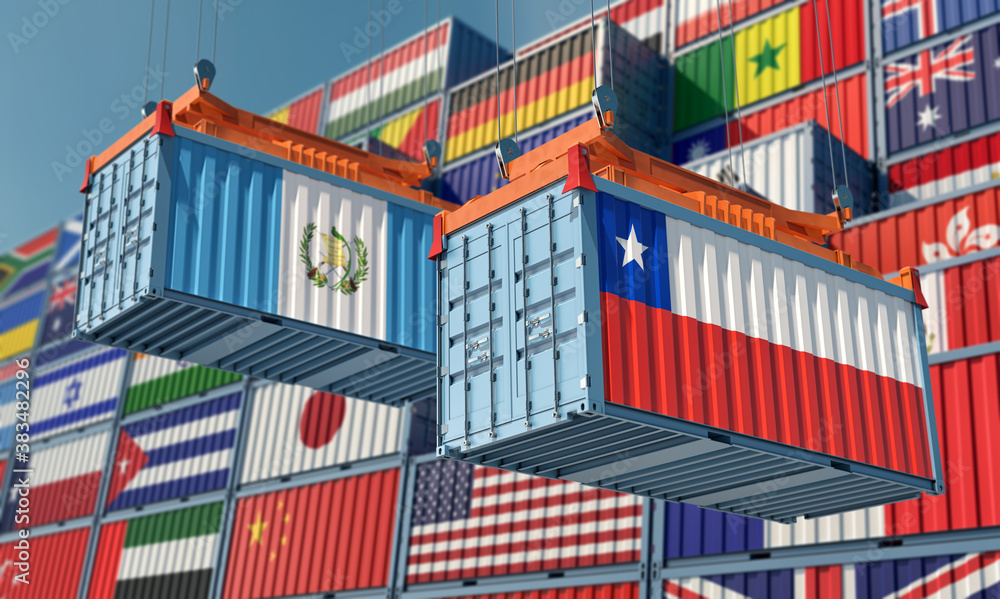 Freight containers with Guatemala and Chile national flags. 3D Rendering