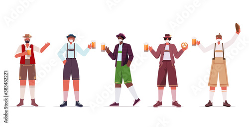 set mix race men in medical masks holding beer mugs Oktoberfest party celebration coronavirus quarantine concept guys in german traditional clothes full length horizontal vector illustration