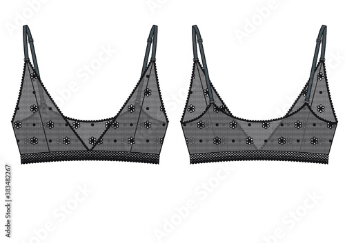 Flower Lace Bralette technical illustration. Editable mesh bra flat fashion sketch