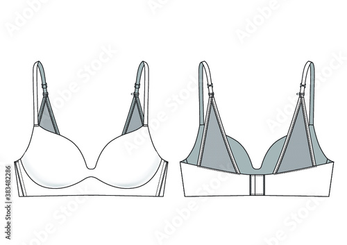 Lace triangle back Bra technical illustration black. Editable lingerie flat fashion sketch