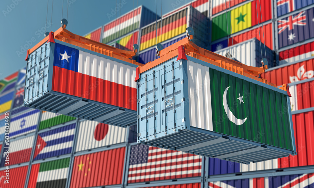 Freight containers with Pakistan and Chile national flags. 3D Rendering