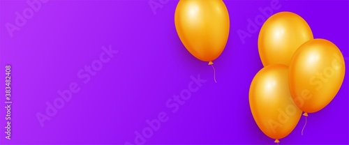 Greeting banner or poster design with realistic flying helium glossy balloons. Haloween purple and orange colors