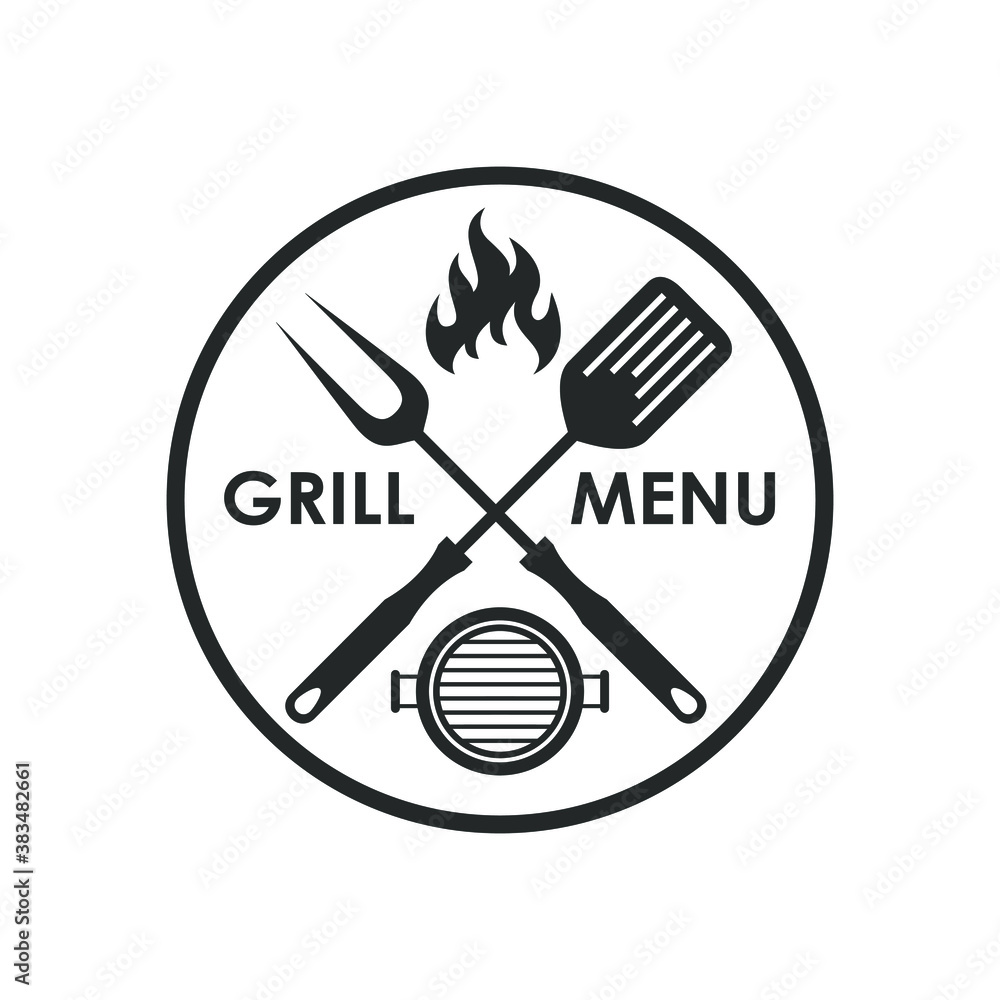 Stamp grill menu. Crossed barbecue tools, flame and text Stamp grill menu. Crossed barbecue tools, flame and text