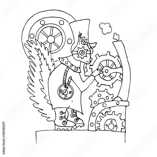 Сoncept of a steampunk squirrel.mechanical animal. Coloring book for adults and children vector illustration. anti-stress coloring. linear drawing of a squirrel robot isolated on a white background.