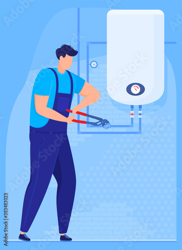 Plumbing work. A plumber repairs a boiler in the bathroom. vector illustration