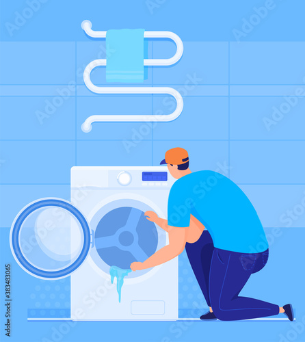 Plumbing work. The plumber repairs the washing machine in the bathroom. Vector illustration