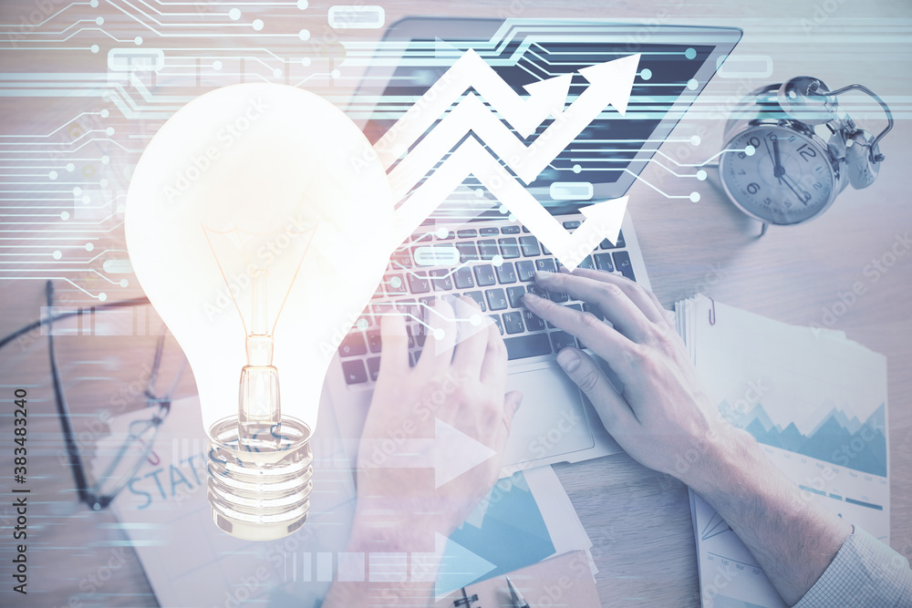 Growing arrows with businessman working on computer on background. Success concept. Double exposure. Growing arrows with businessman working on computer on background. Success concept. Double exposure.