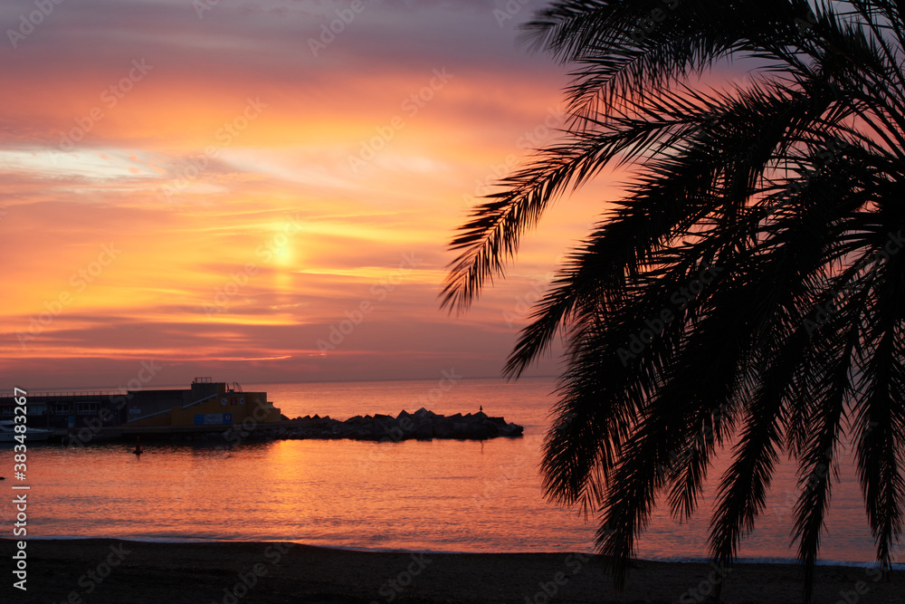 Barceloneta beach at sunrise in Barcelona, Spain