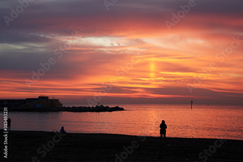 Obraz na płótnie Barceloneta beach at sunrise in Barcelona, Spain w salonie