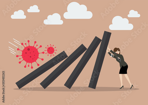 Business woman leader help pushing domino tiles falling in economic collapse from COVID-19 virus