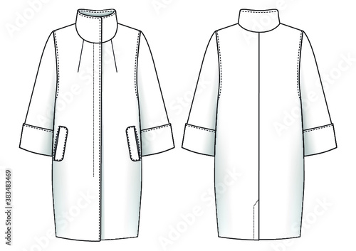 Oversized Wool Coat technical illustration. Editable outwear flat fashion sketch