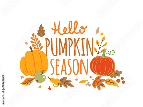 Hello pumpkin season hand drawn vector lettering. Fall season. Autumn phrase with cute and cozy design elements. The illustration is isolated on a white background.